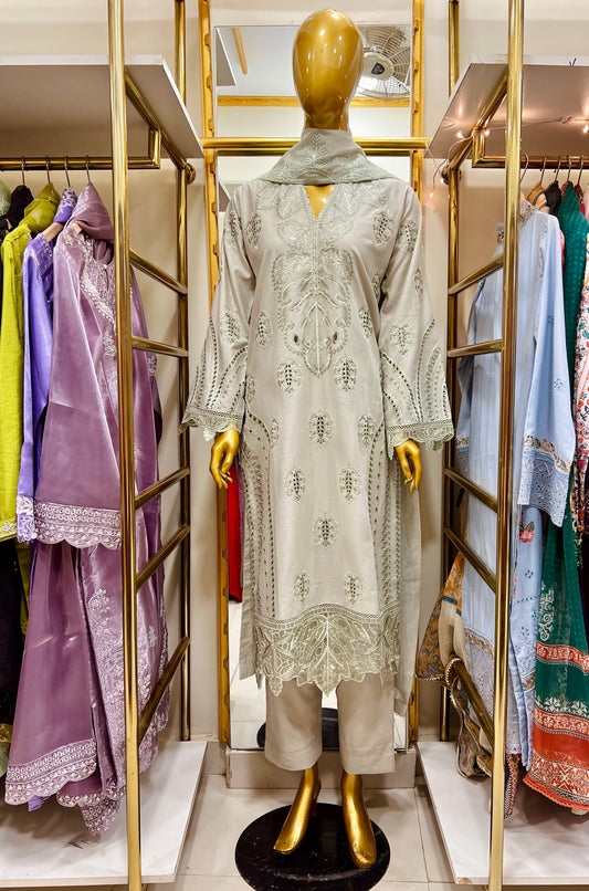 Light Aqua Cotton 3 Piece Embroidered Cutwork Suit with Plain Trouser & Self Organza Dupatta
