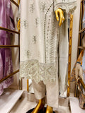 Light Aqua Cotton 3 Piece Embroidered Cutwork Suit with Plain Trouser & Self Organza Dupatta
