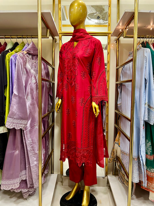 Elegant Red Cotton 3 Piece Embroidered Cutwork Suit with Plain Trouser & Self Organza Dupatta
