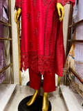 Elegant Red Cotton 3 Piece Embroidered Cutwork Suit with Plain Trouser & Self Organza Dupatta