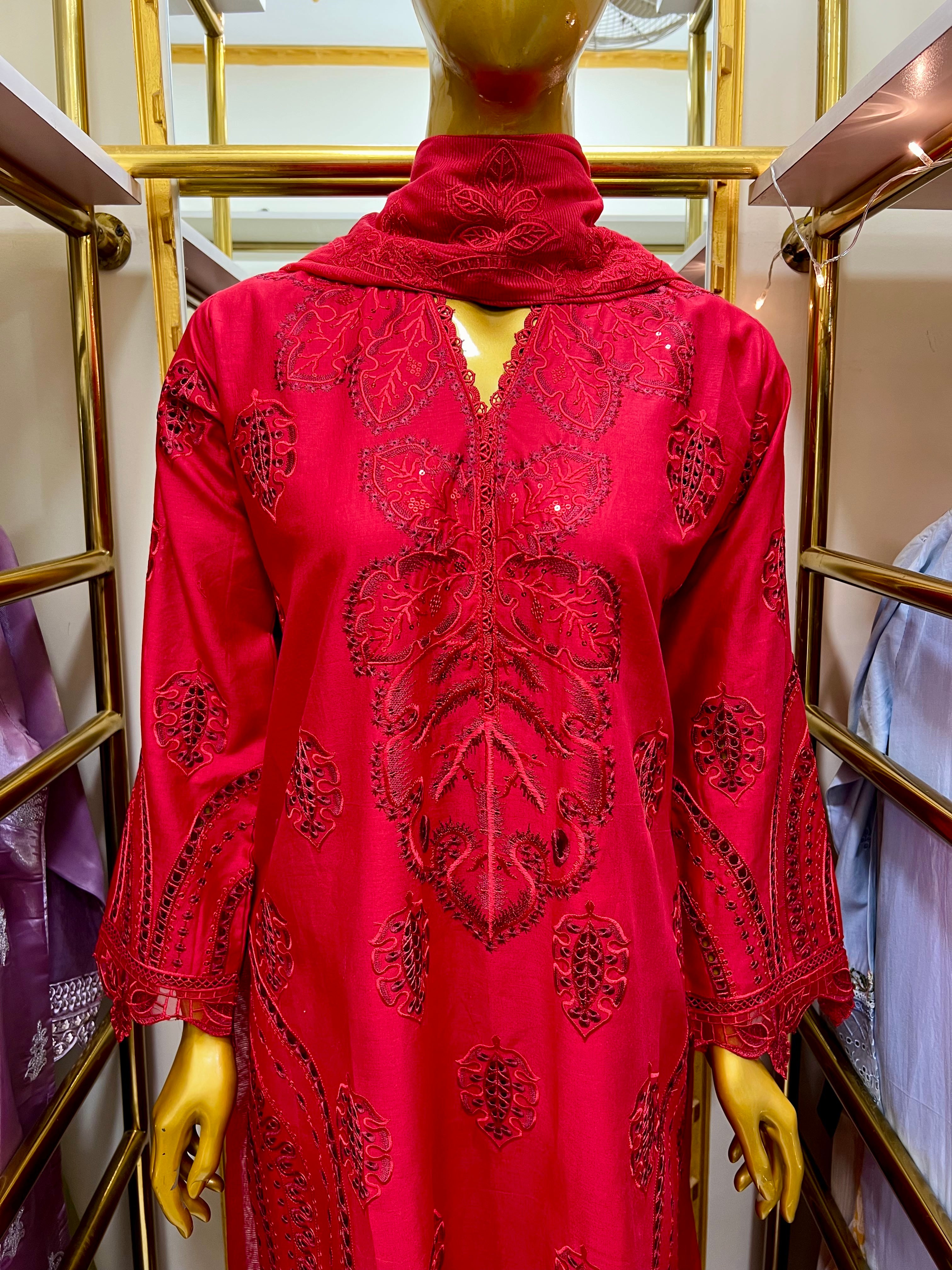 Elegant Red Cotton 3 Piece Embroidered Cutwork Suit with Plain Trouser & Self Organza Dupatta