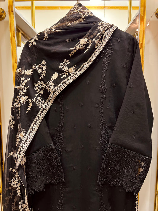Luxury Black Chiffon Embroidered 3PC Suit with Raw Silk Trouser