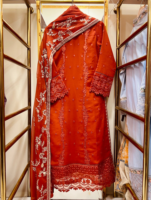 Luxury Rust Chiffon Embroidered 3PC Suit with Raw Silk Trouser