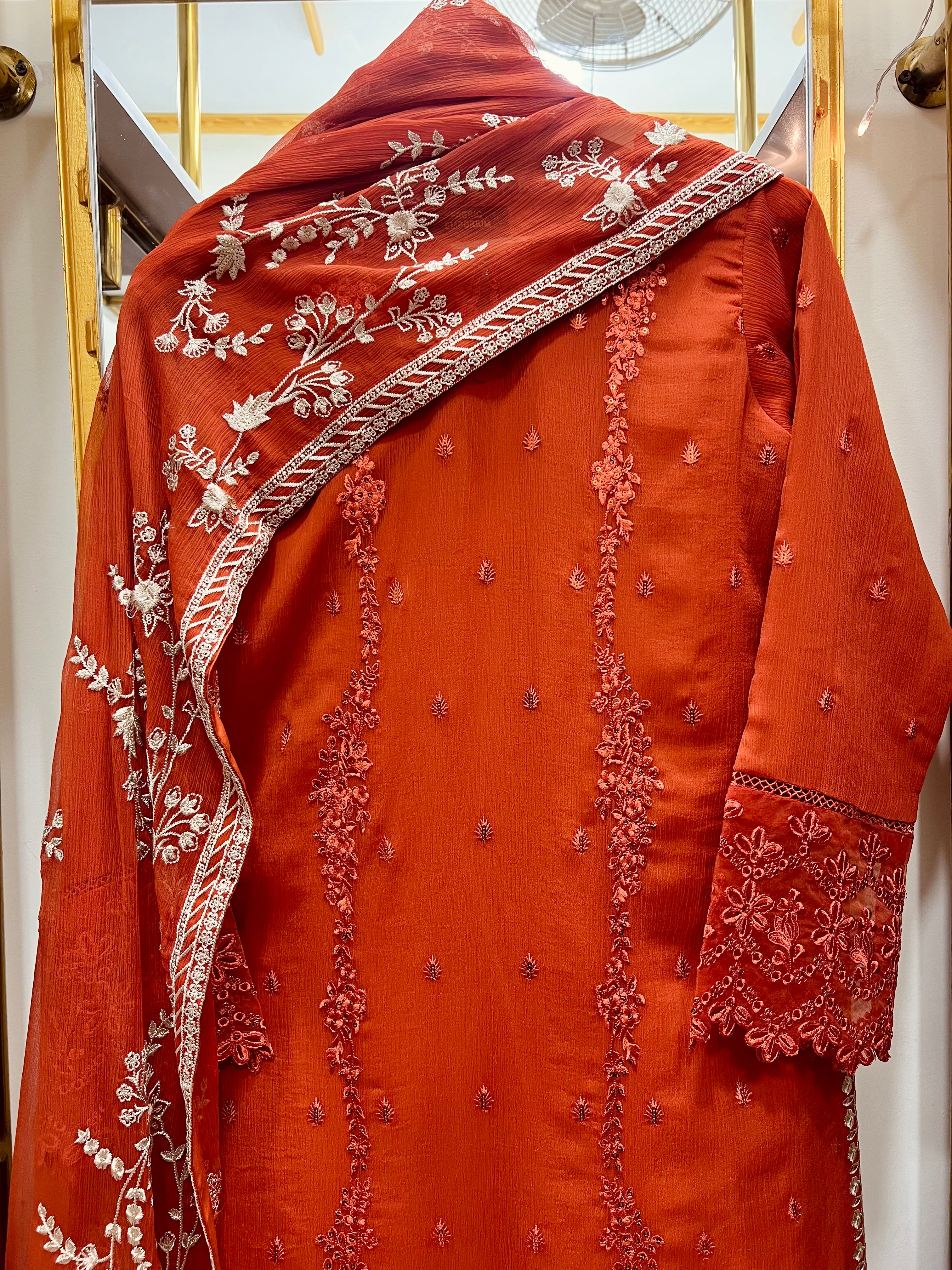 Luxury Rust Chiffon Embroidered 3PC Suit with Raw Silk Trouser