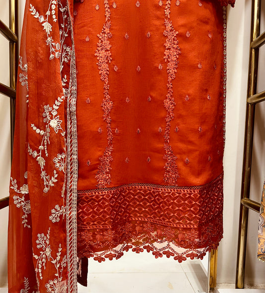 Luxury Rust Chiffon Embroidered 3PC Suit with Raw Silk Trouser