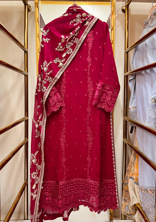 Luxury Magenta Chiffon Embroidered 3PC Suit with Raw Silk Trouser