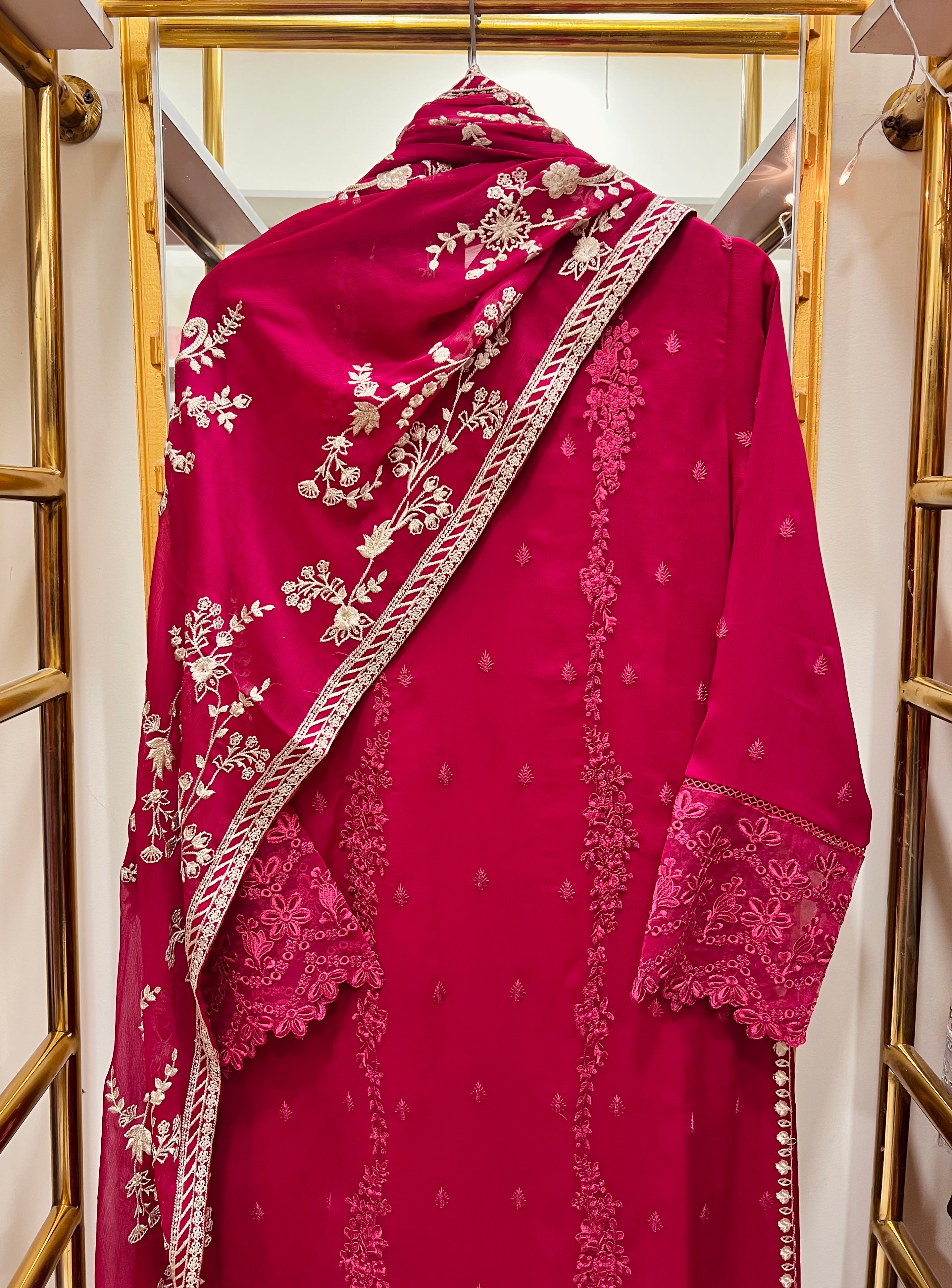 Luxury Magenta Chiffon Embroidered 3PC Suit with Raw Silk Trouser