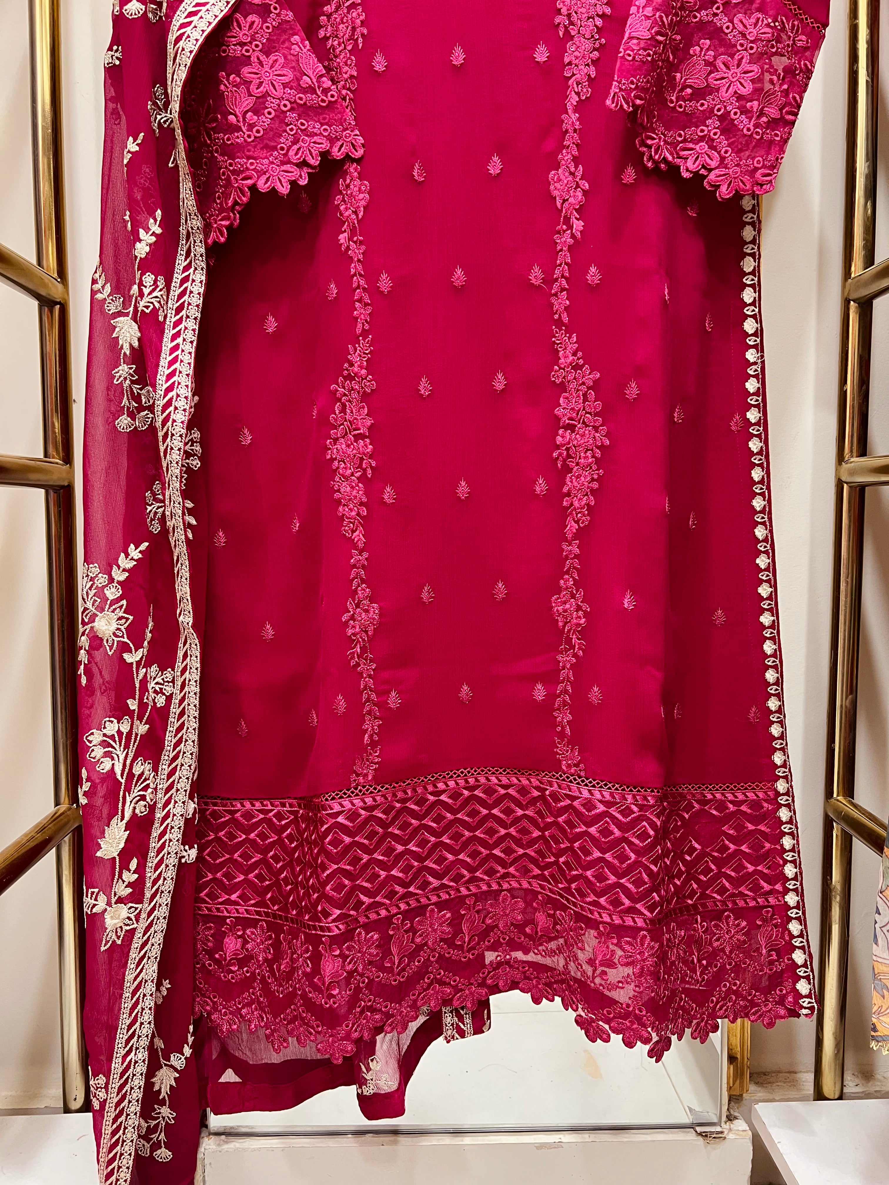 Luxury Magenta Chiffon Embroidered 3PC Suit with Raw Silk Trouser