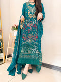 Luxury Emerald Green Embroidered Formal Gown with Dupatta – Festive Wedding Wear