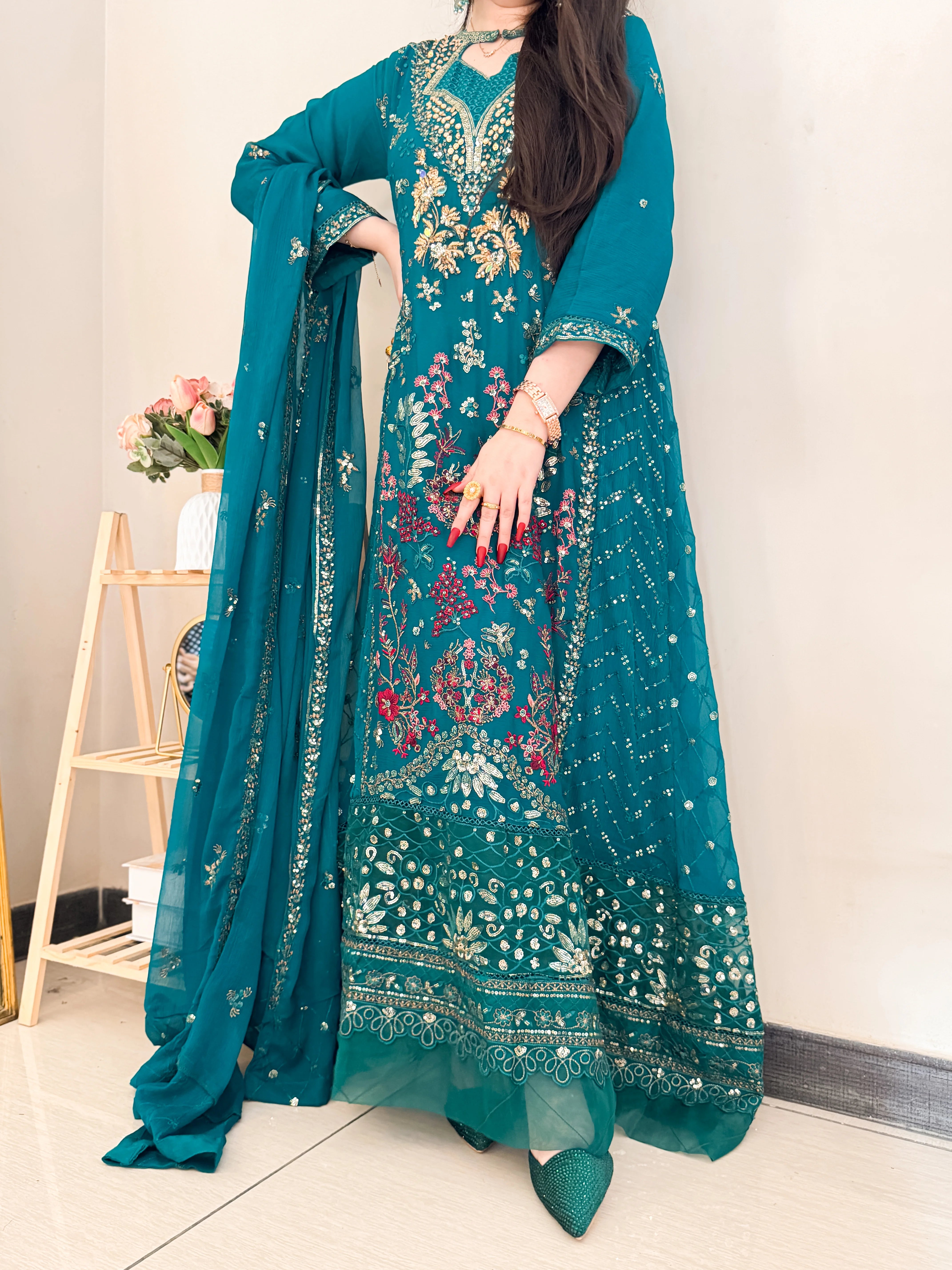 Luxury Emerald Green Embroidered Formal Gown with Dupatta – Festive Wedding Wear