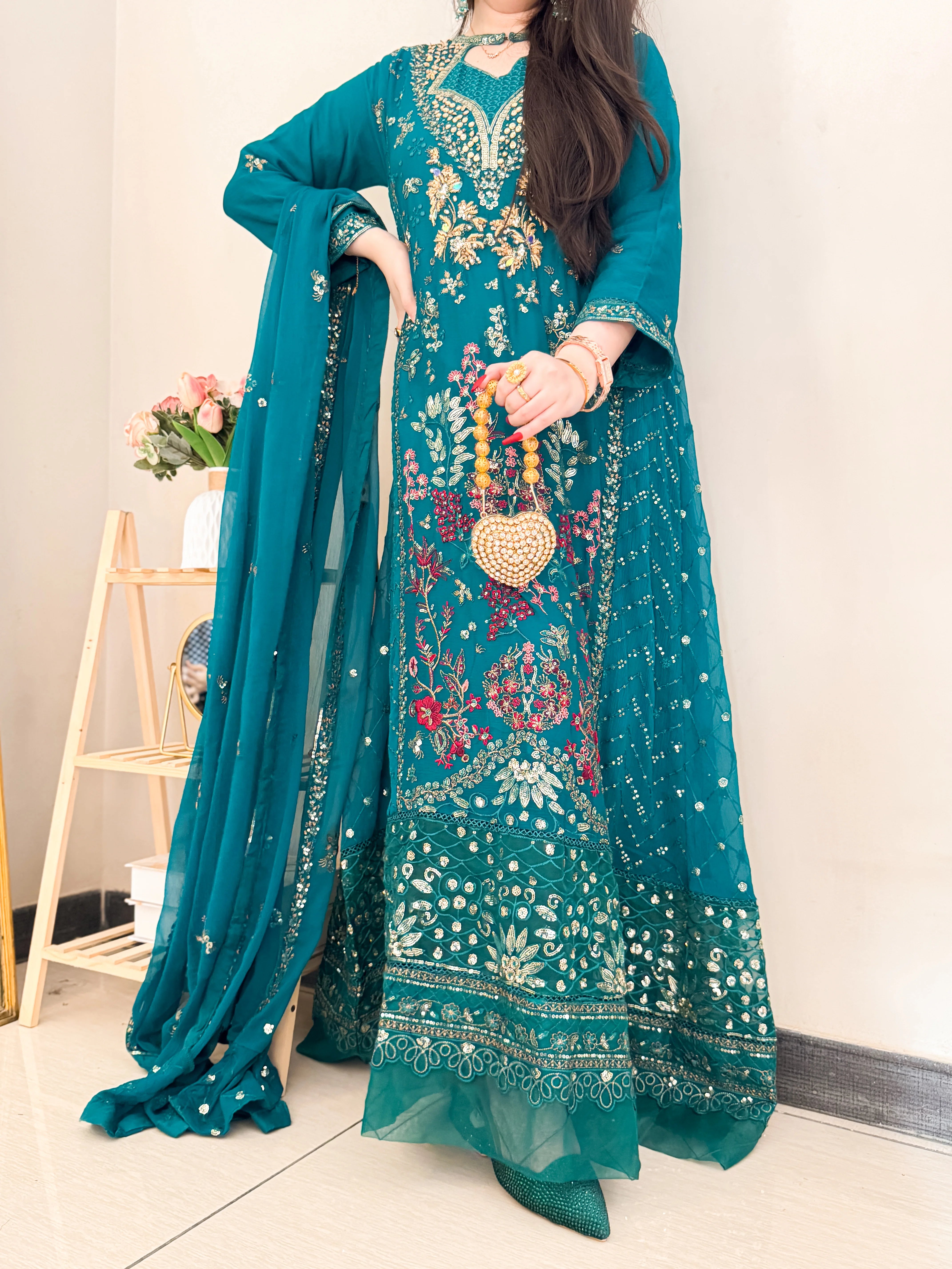 Luxury Emerald Green Embroidered Formal Gown with Dupatta – Festive Wedding Wear