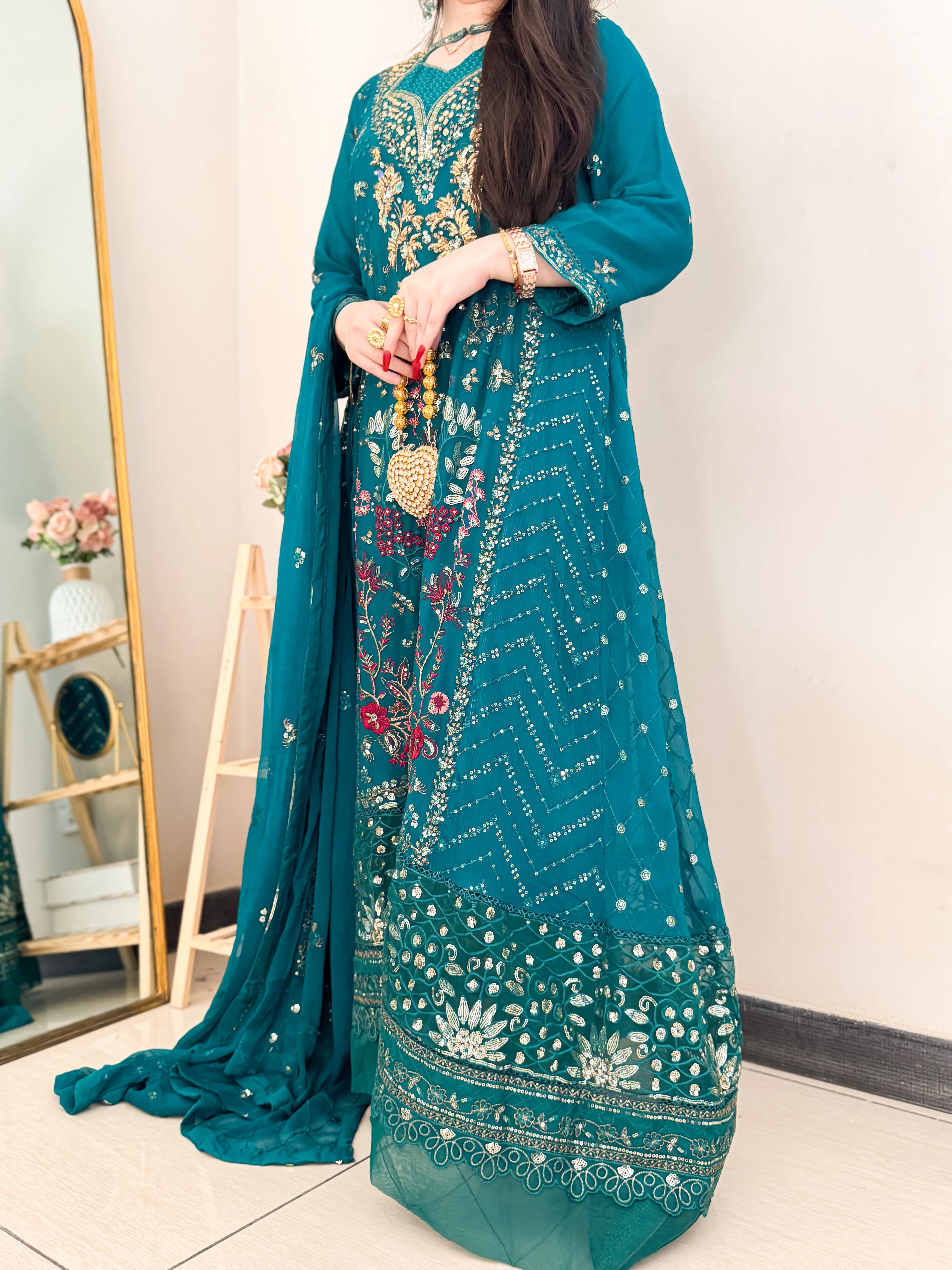 Luxury Emerald Green Embroidered Formal Gown with Dupatta – Festive Wedding Wear