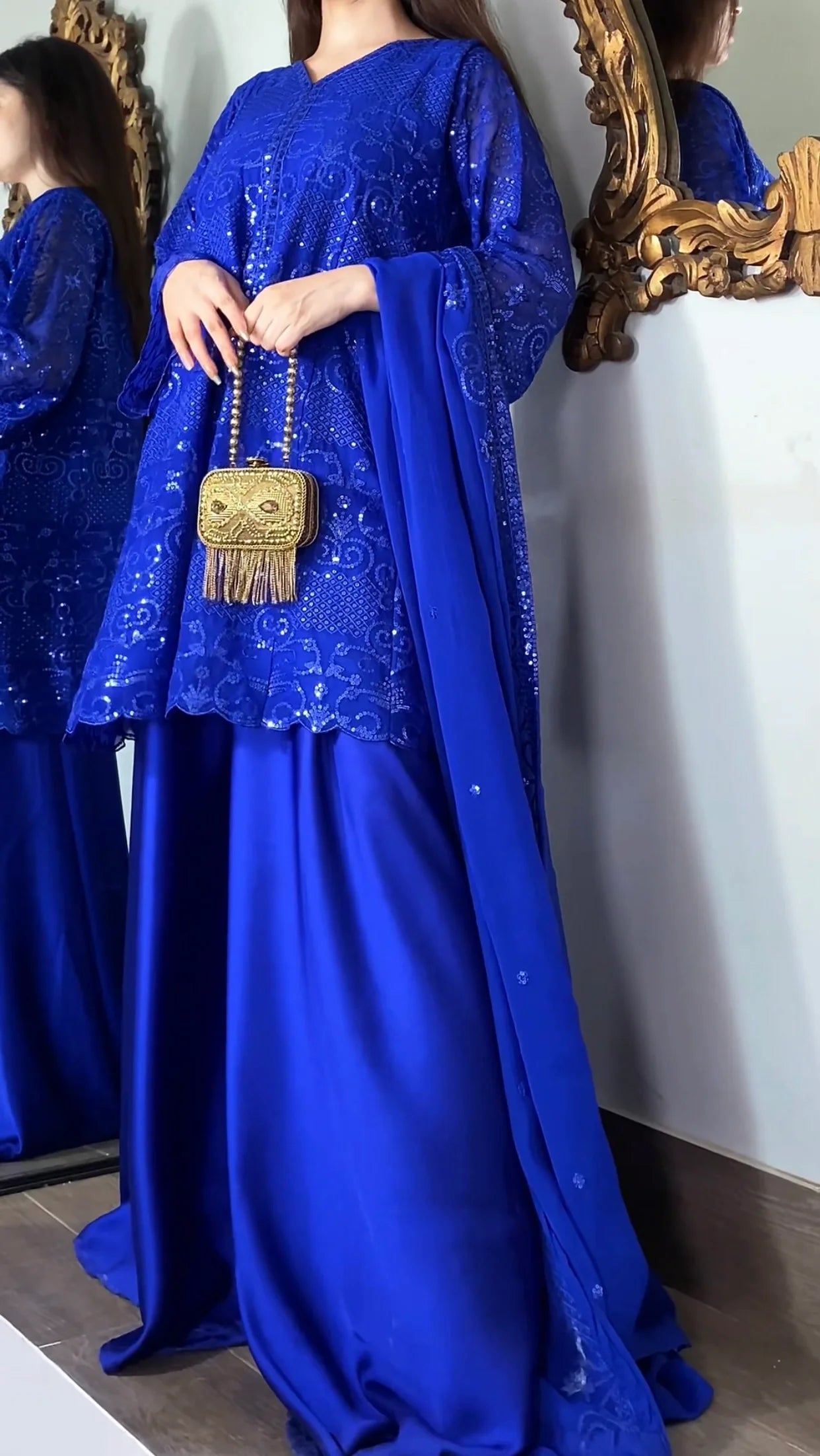 Noir Luxe – Royal Blue Heavy Embroidered Chiffon 3 Piece Suit