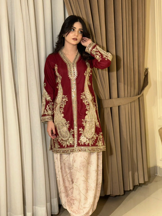 Rukhsar – Maroon Zari Embroidered Open-Front Kurta with Blush Tulip Shalwar | 2 Pc Luxury Pret