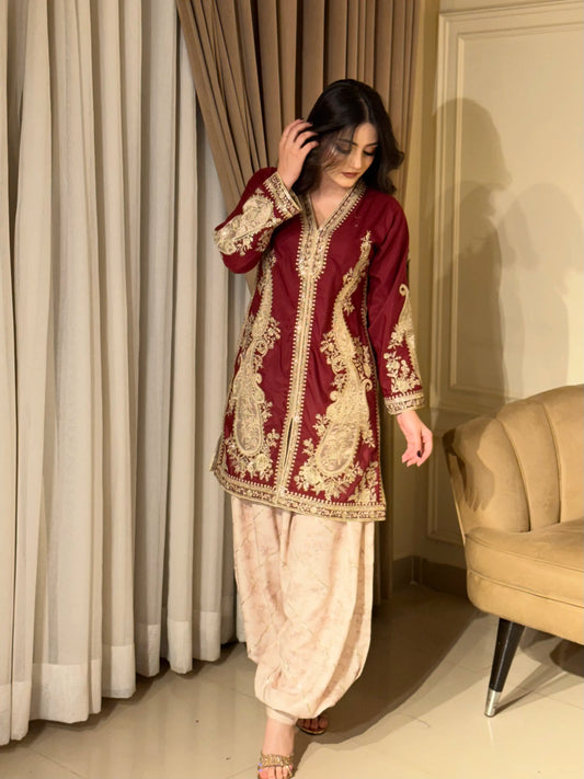Rukhsar – Maroon Zari Embroidered Open-Front Kurta with Blush Tulip Shalwar | 2 Pc Luxury Pret