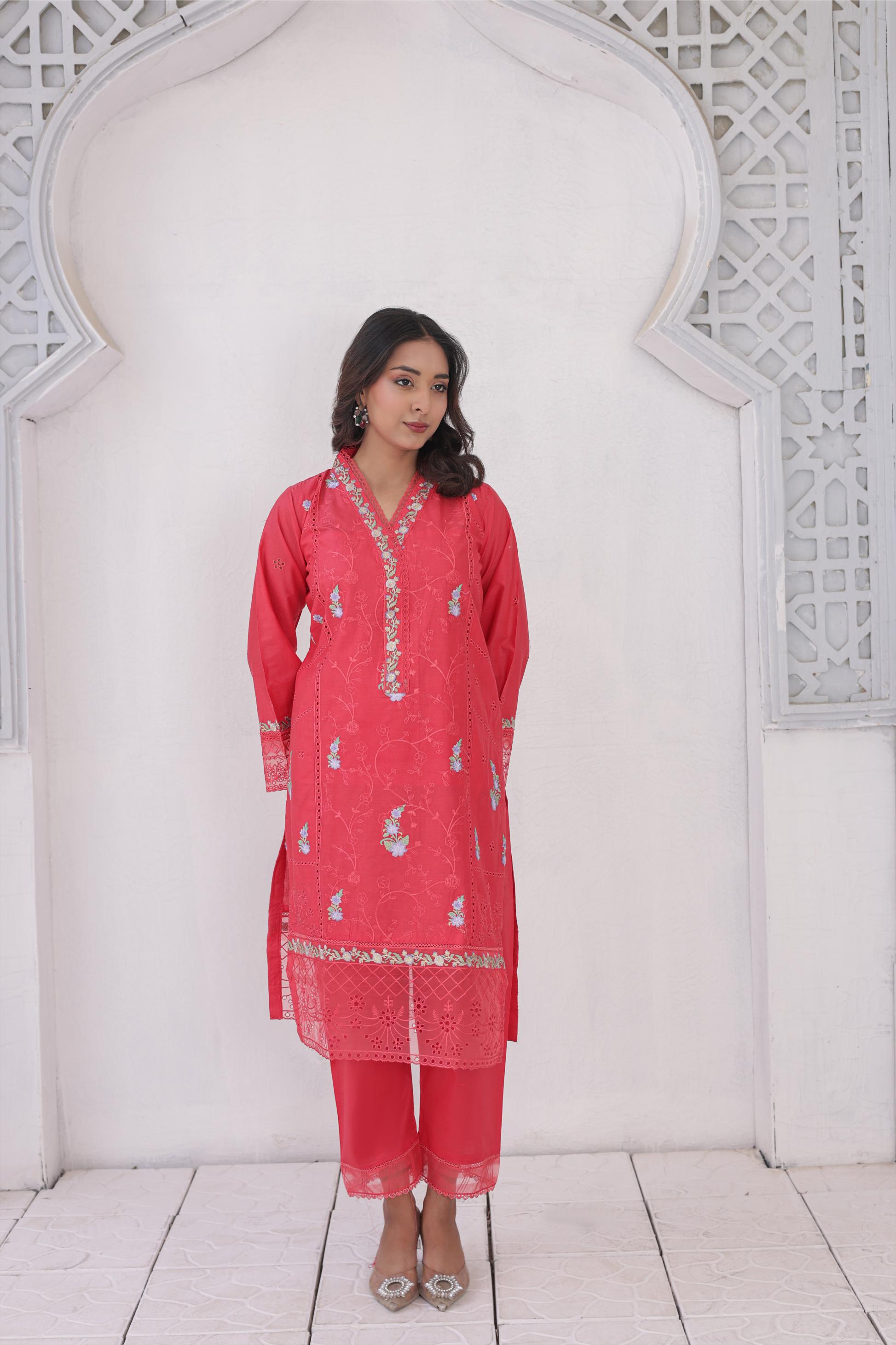 FECTN 114 2Pcs Embroidered Cotton suit shirt and trousers