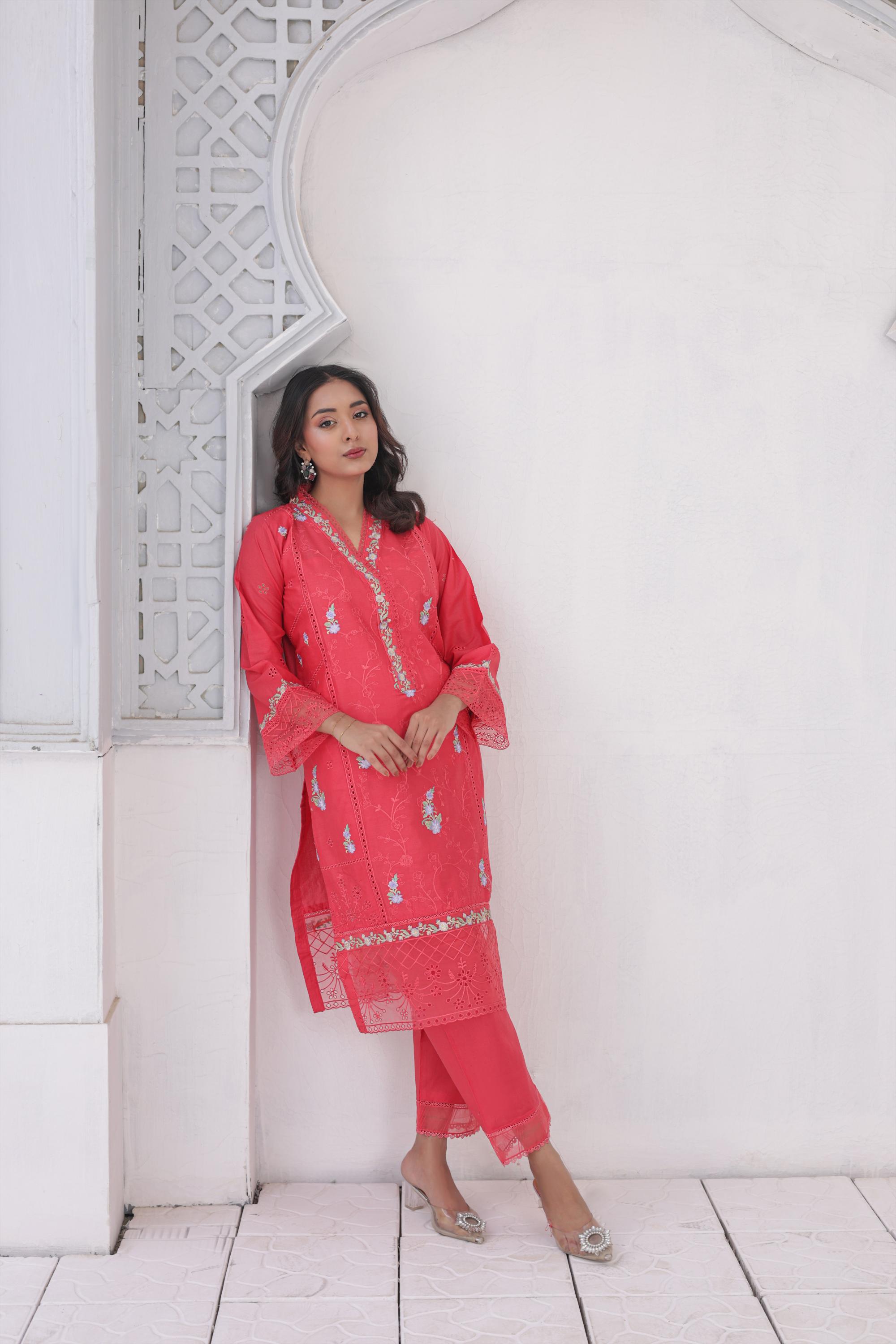 FECTN 114 2Pcs Embroidered Cotton suit shirt and trousers