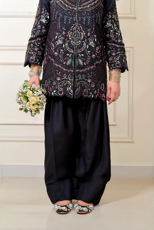 Sitara – Black Chikankari Embroidered Viscose Short Shirt with Farshi Shalwar | 3Pc