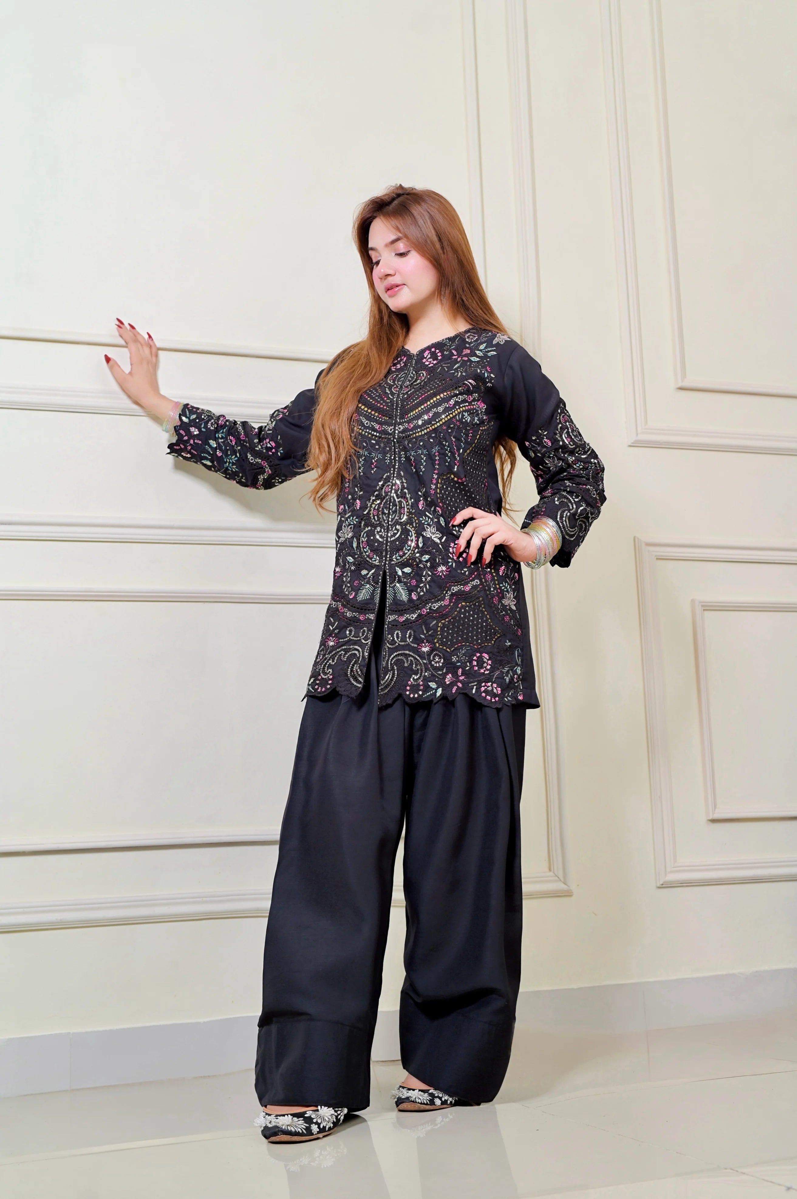 Sitara – Black Chikankari Embroidered Viscose Short Shirt with Farshi Shalwar | 3Pc