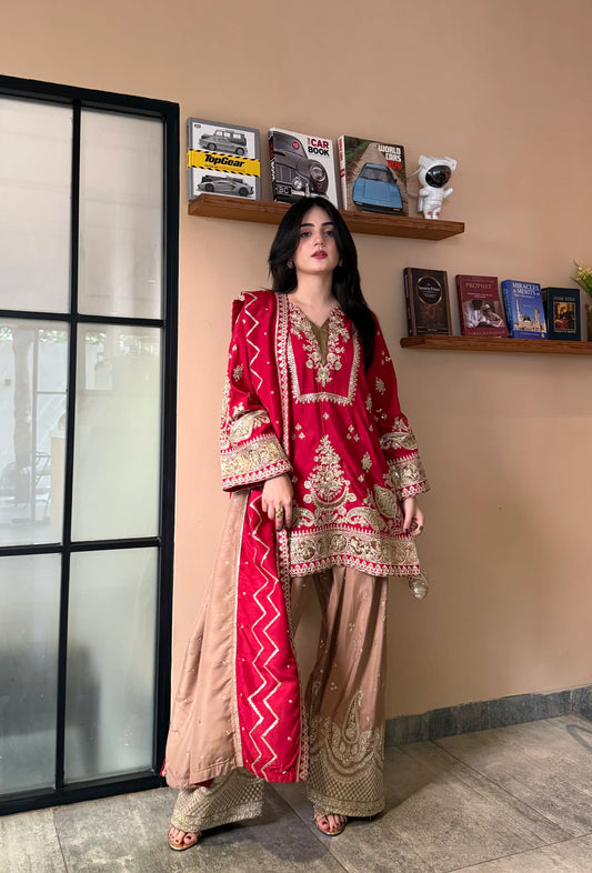 Red Embroidered Viscose 3 Piece Suit with Gher Shalwar