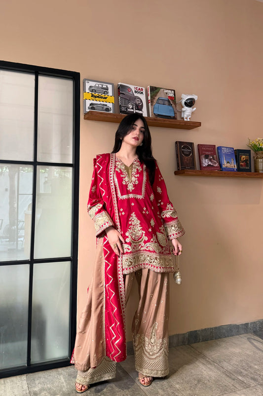 Red Embroidered Viscose 3 Piece Suit with Gher Shalwar