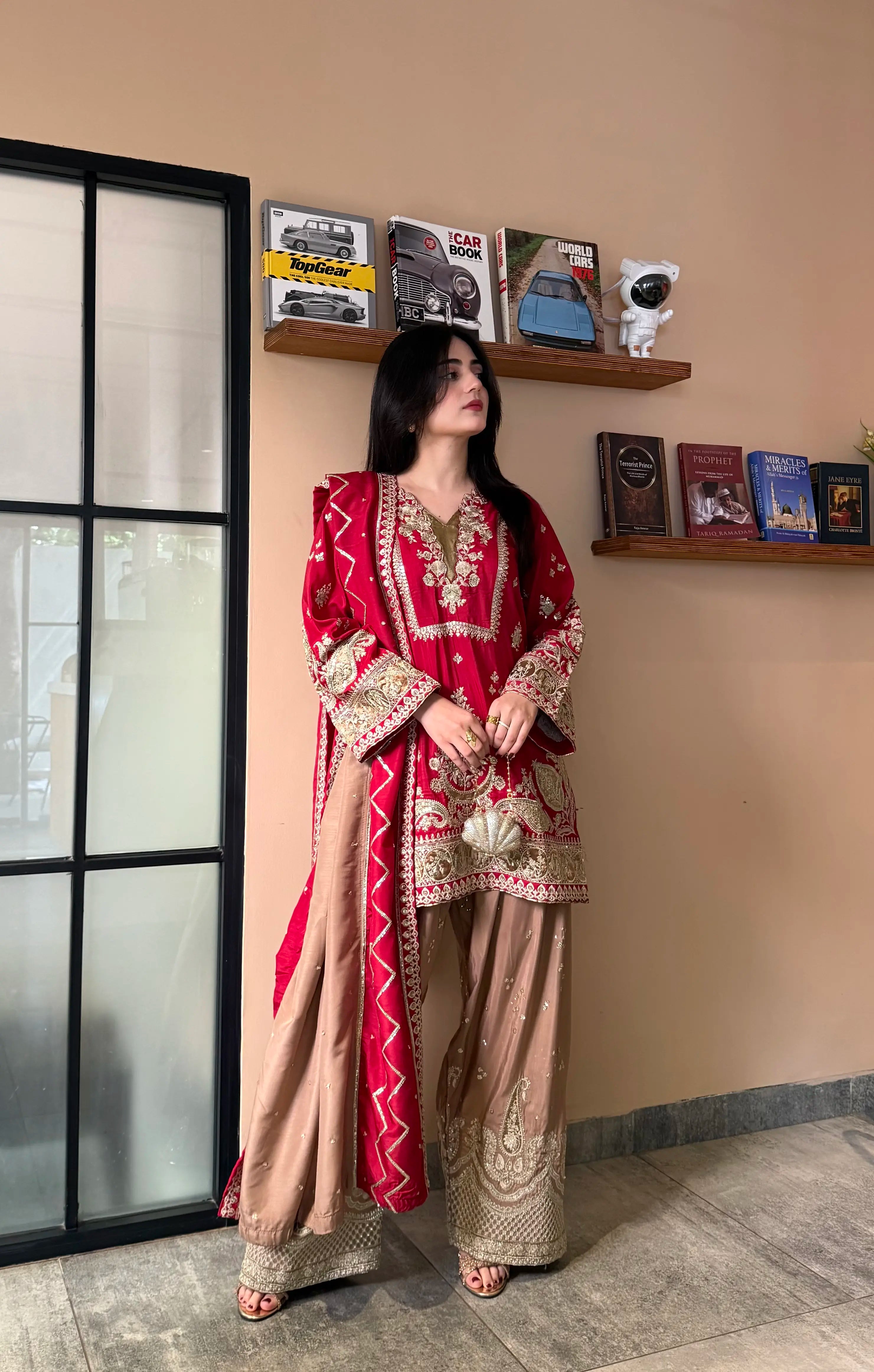 Red Embroidered Viscose 3 Piece Suit with Gher Shalwar