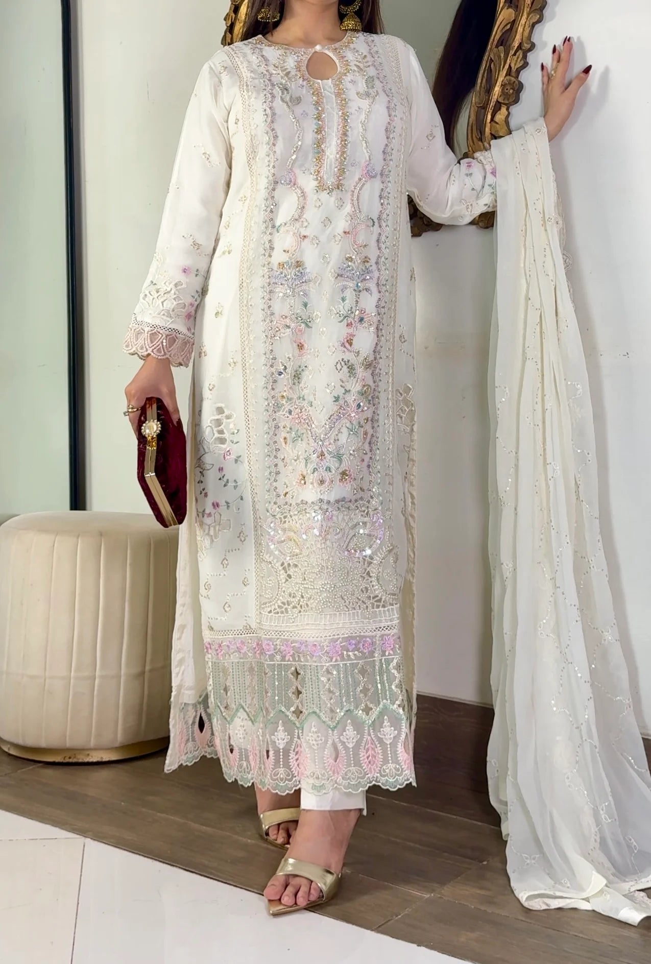 Anaya Ivory Embellished Chiffon 3-Piece Suit | Cotton Silk Inner & Raw Silk Trouser