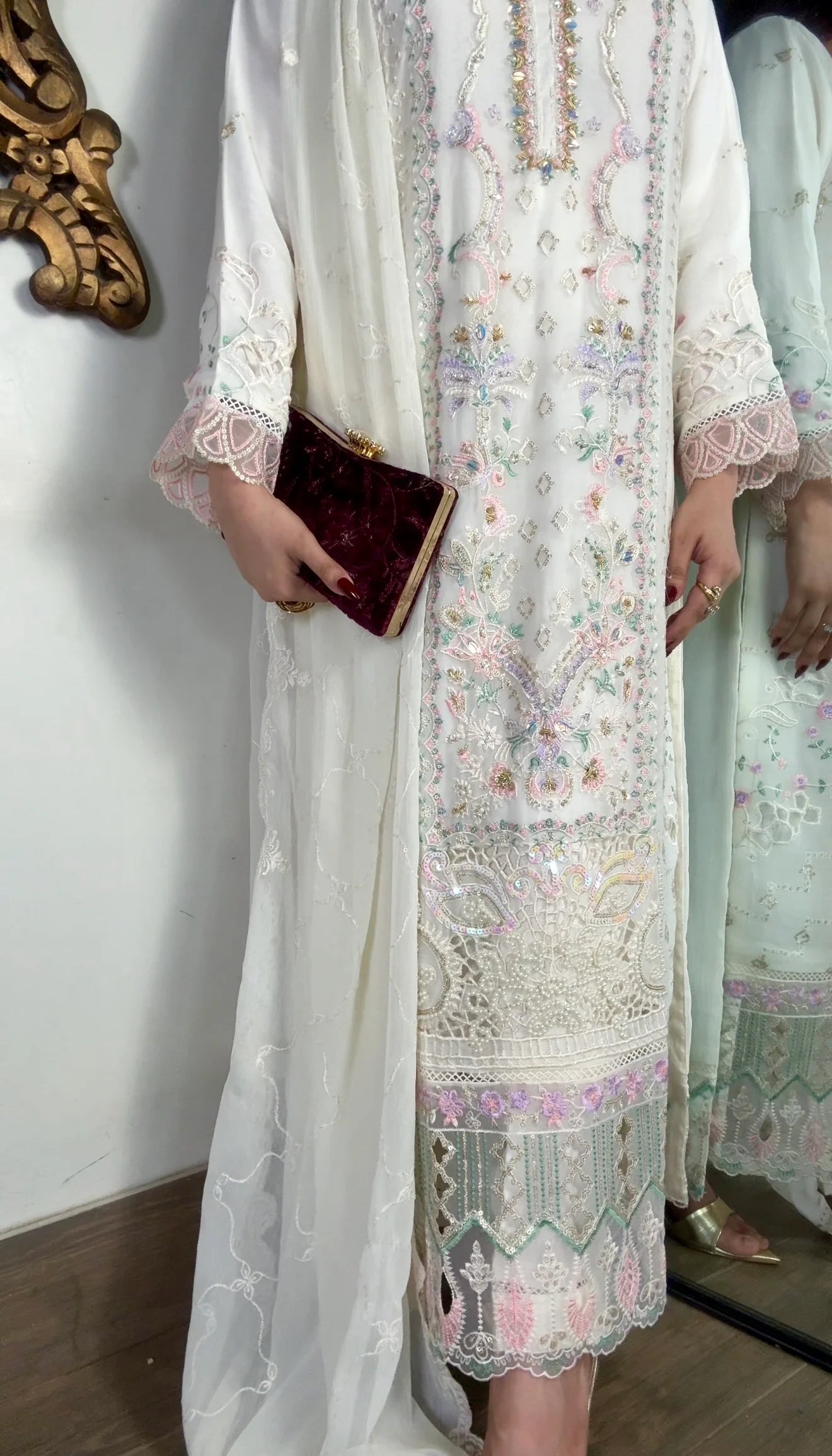 Anaya Ivory Embellished Chiffon 3-Piece Suit | Cotton Silk Inner & Raw Silk Trouser