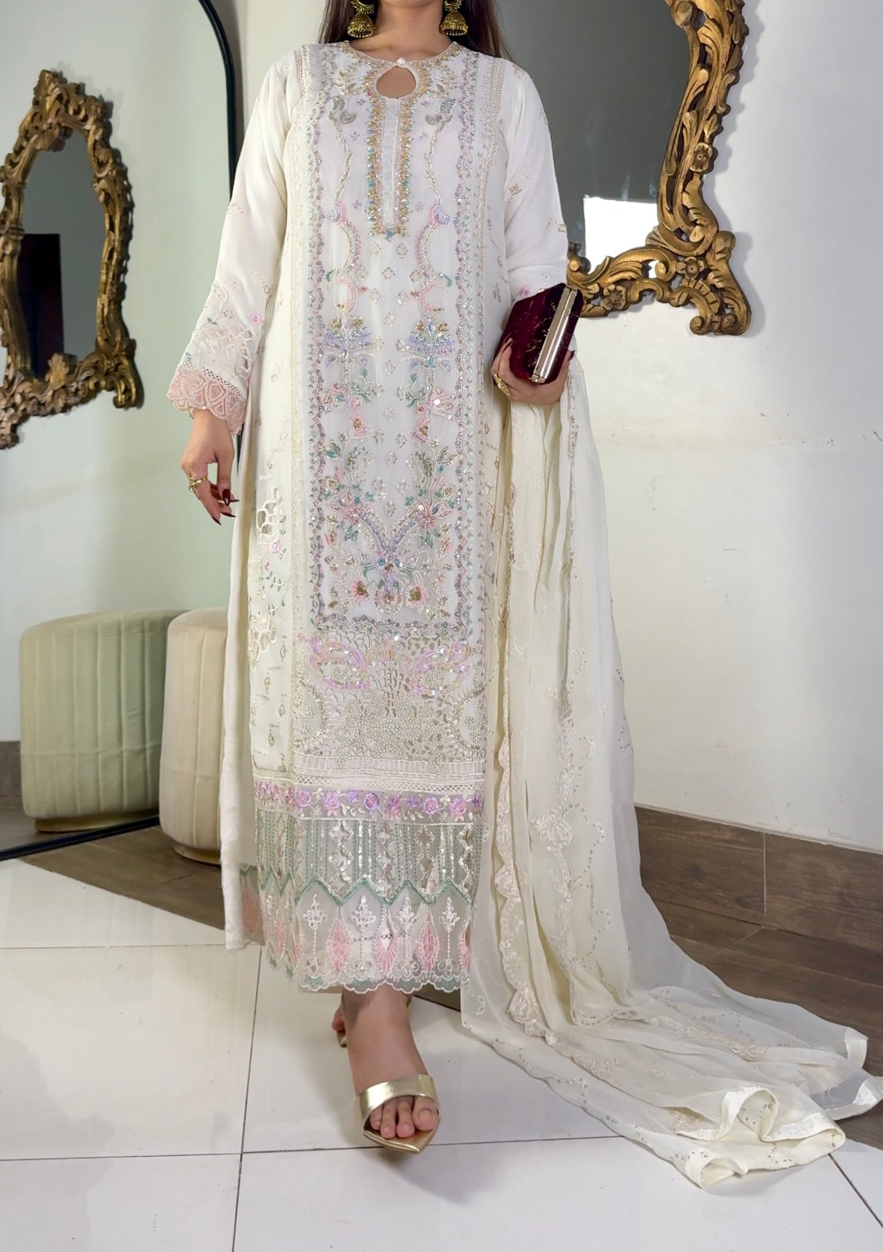 Anaya Ivory Embellished Chiffon 3-Piece Suit | Cotton Silk Inner & Raw Silk Trouser