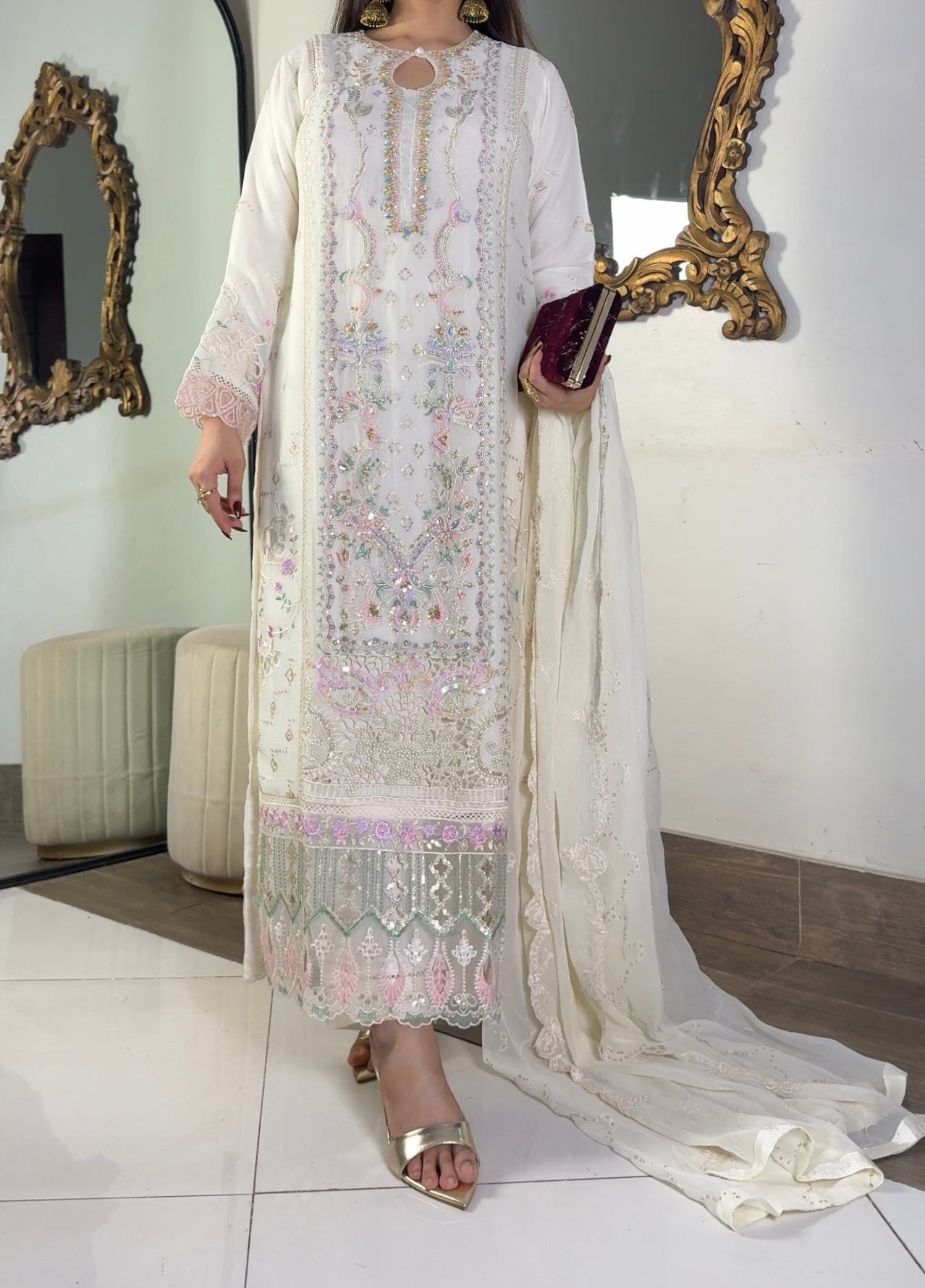 Anaya Ivory Embellished Chiffon 3-Piece Suit | Cotton Silk Inner & Raw Silk Trouser