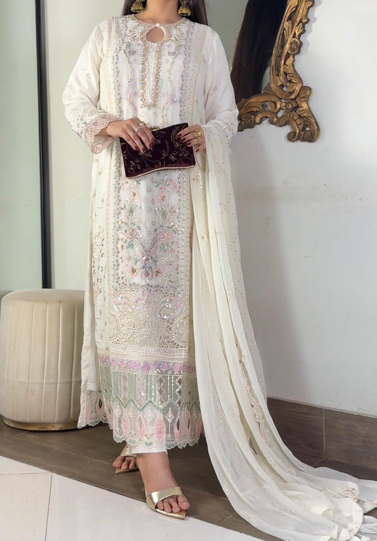 Anaya Ivory Embellished Chiffon 3-Piece Suit | Cotton Silk Inner & Raw Silk Trouser