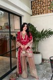 Red Embroidered Viscose 3 Piece Suit with Gher Shalwar