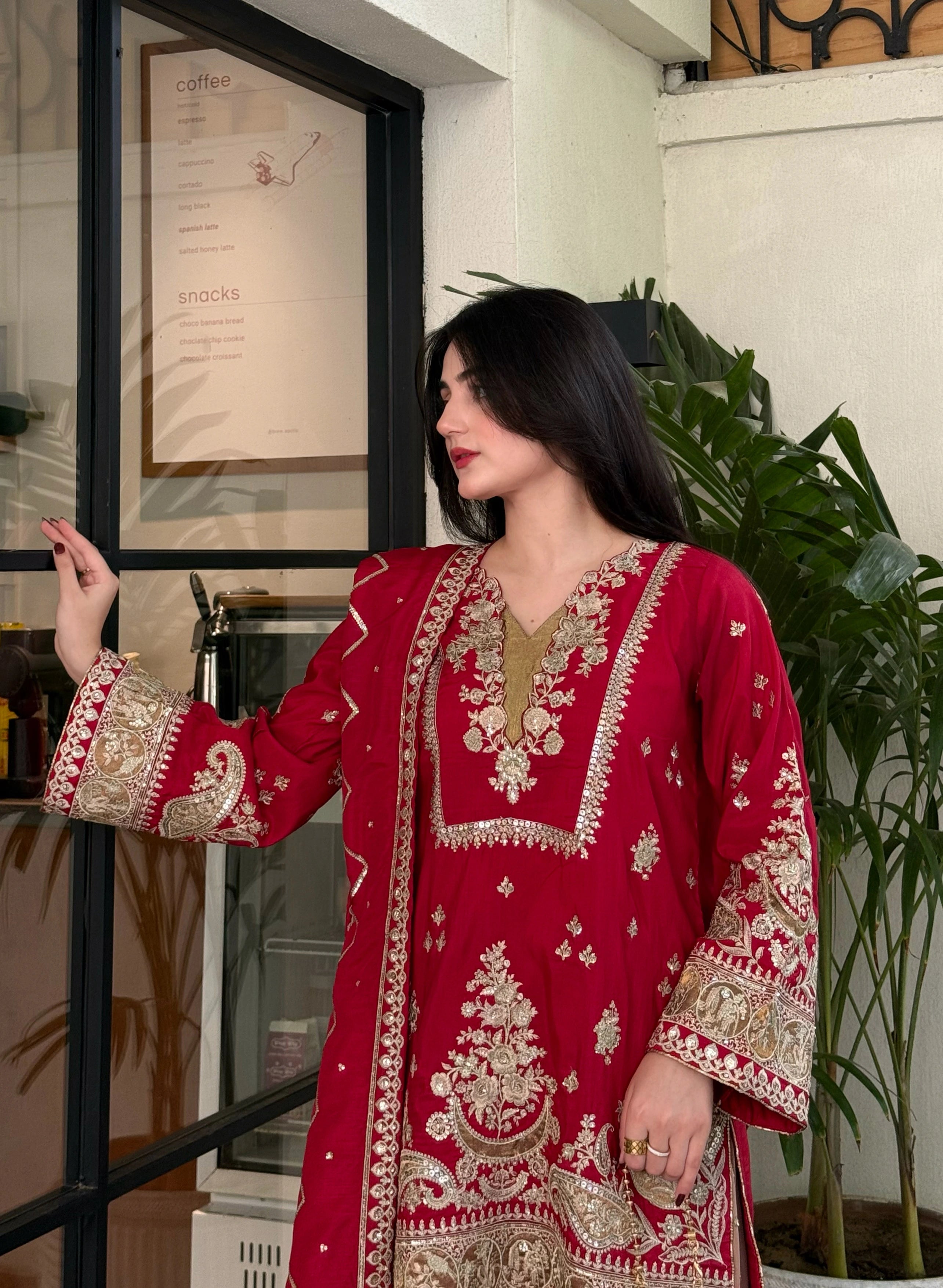 Red Embroidered Viscose 3 Piece Suit with Gher Shalwar