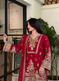 Red Embroidered Viscose 3 Piece Suit with Gher Shalwar
