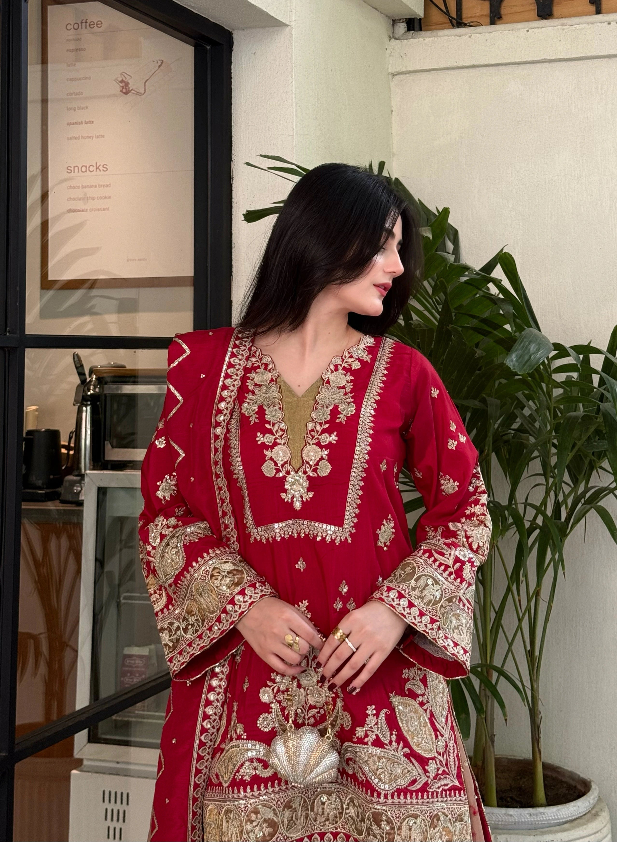 Red Embroidered Viscose 3 Piece Suit with Gher Shalwar