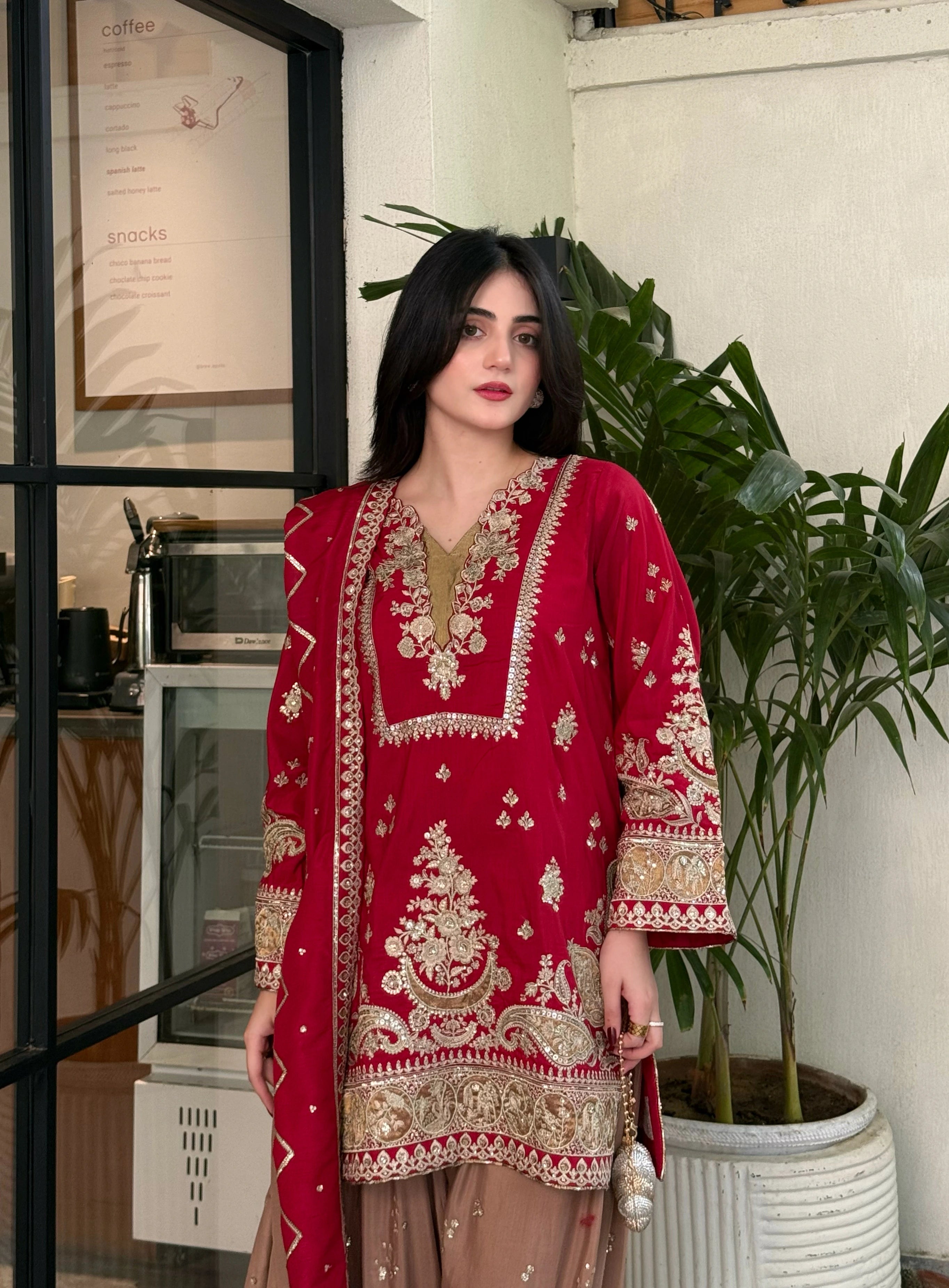 Red Embroidered Viscose 3 Piece Suit with Gher Shalwar
