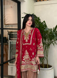 Red Embroidered Viscose 3 Piece Suit with Gher Shalwar