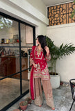 Red Embroidered Viscose 3 Piece Suit with Gher Shalwar