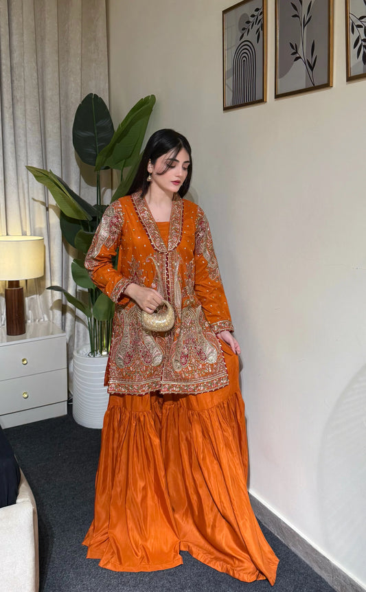 Rust Orange Embroidered Viscose Shirt with Gharara – 2 Pc