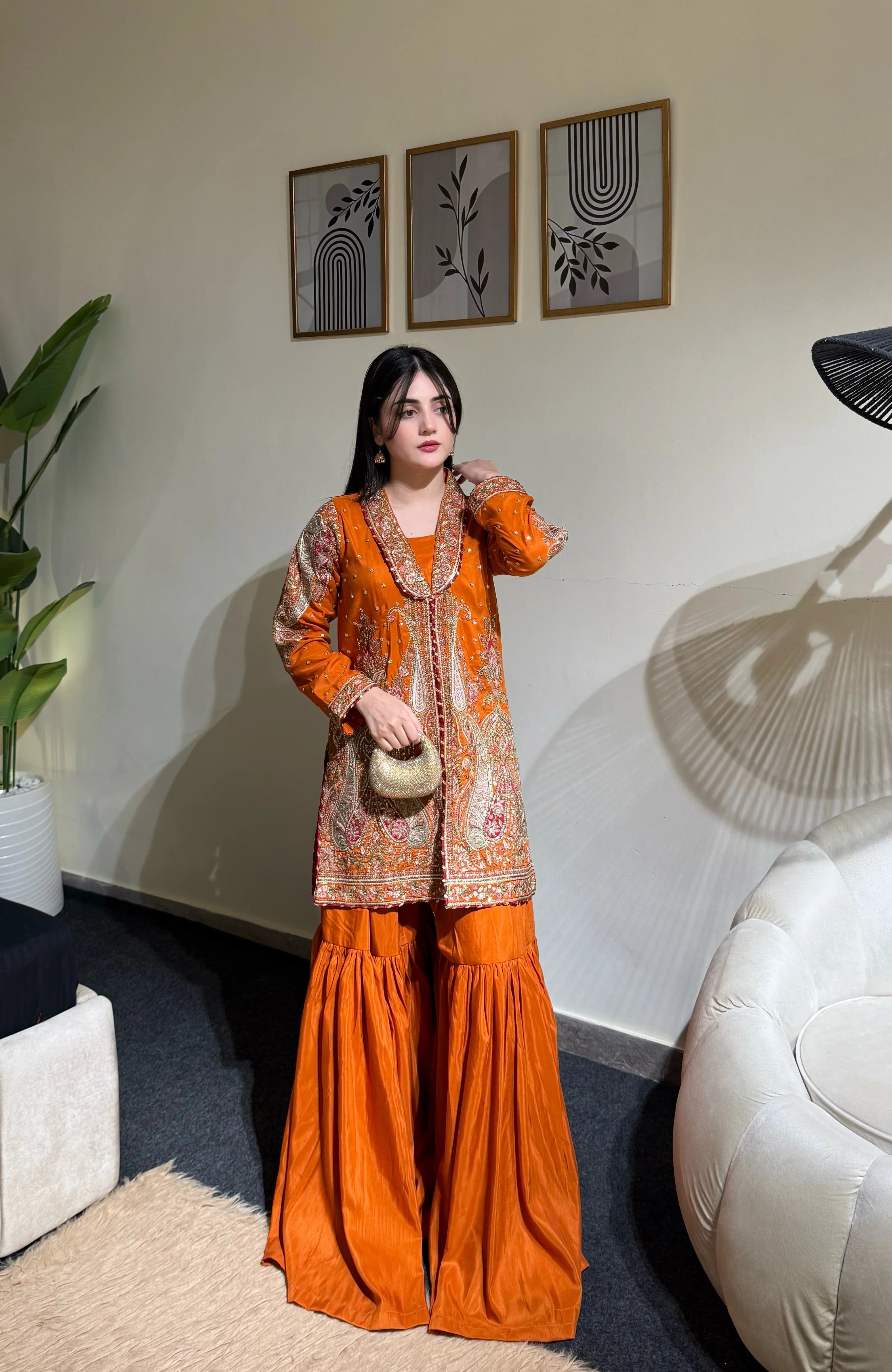 Rust Orange Embroidered Viscose Shirt with Gharara – 2 Pc