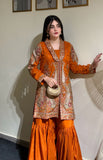 Rust Orange Embroidered Viscose Shirt with Gharara – 2 Pc