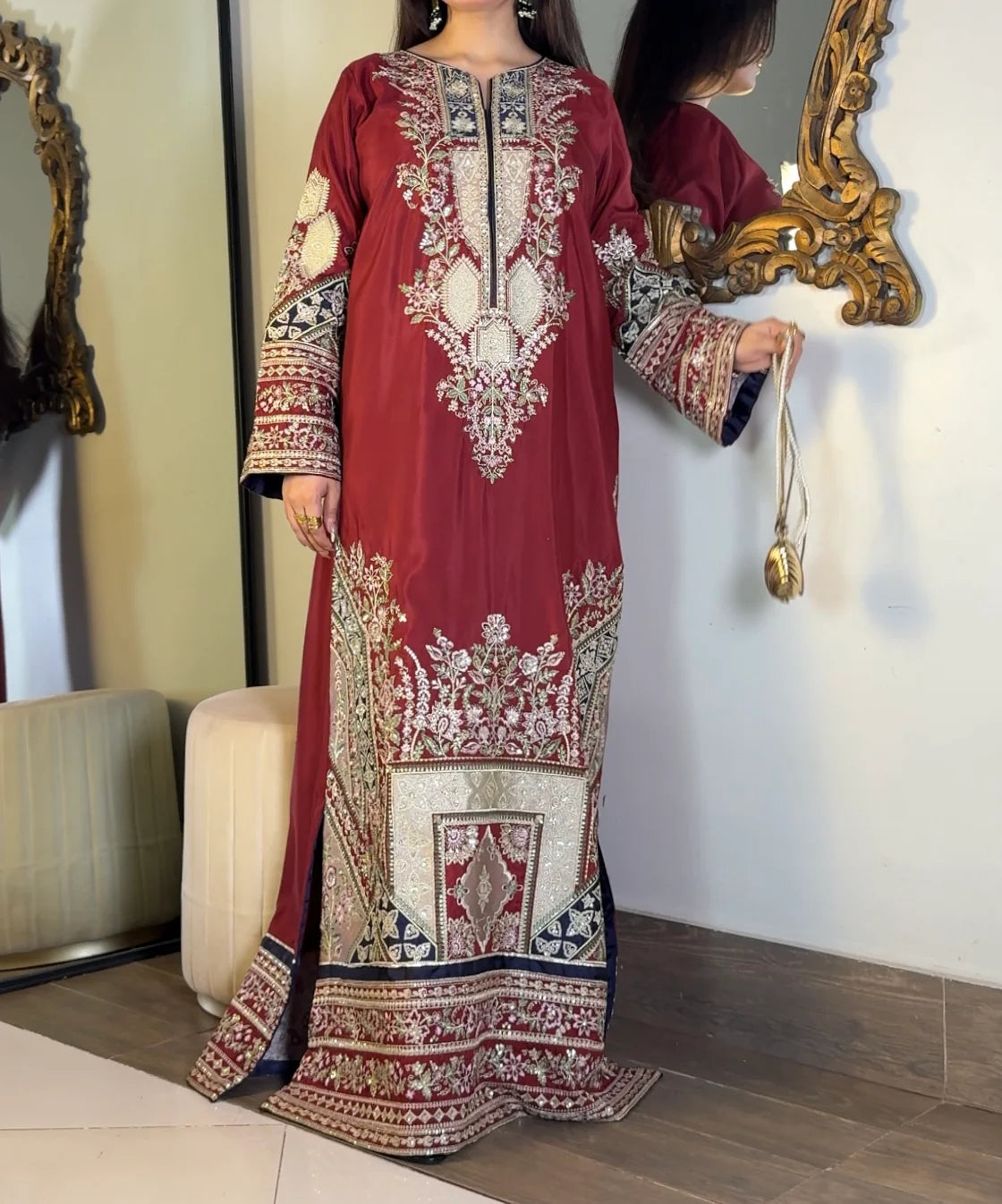Ruby Noor – Maroon Hand-Embroidered Draped Kaftan | Luxury Festive Wear
