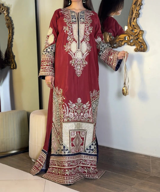 Ruby Noor – Maroon Hand-Embroidered Draped Kaftan | Luxury Festive Wear