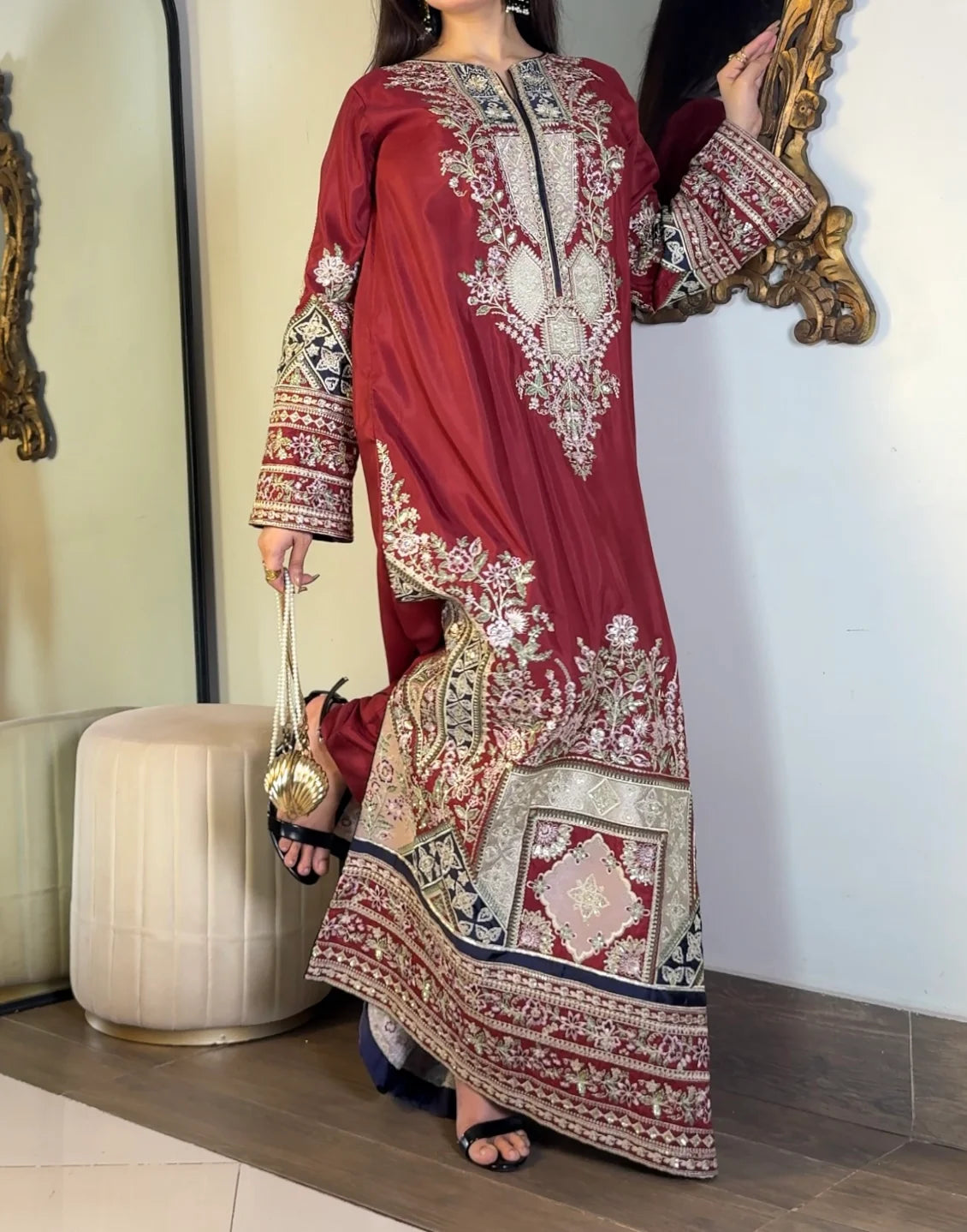 Ruby Noor – Maroon Hand-Embroidered Draped Kaftan | Luxury Festive Wear