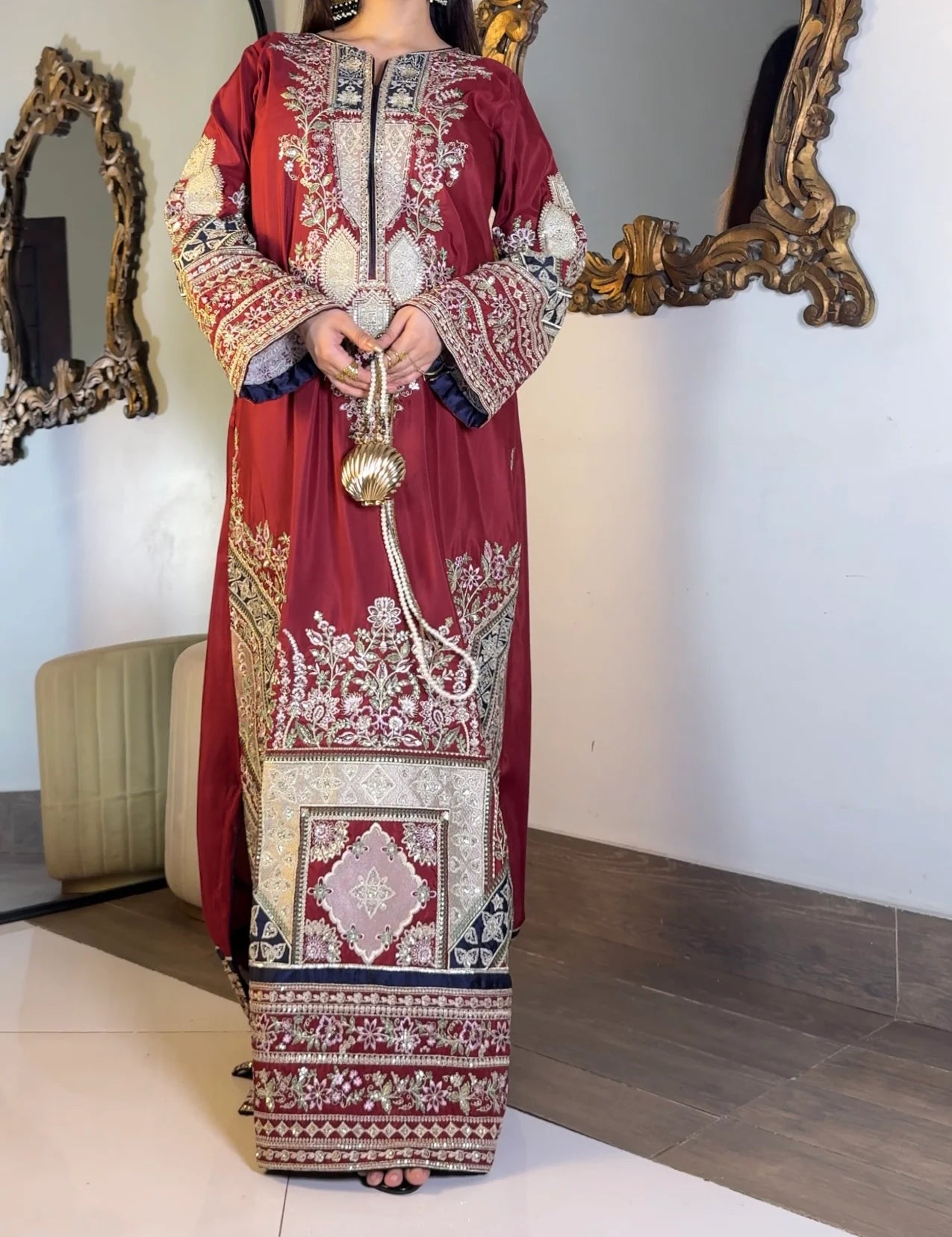 Ruby Noor – Maroon Hand-Embroidered Draped Kaftan | Luxury Festive Wear