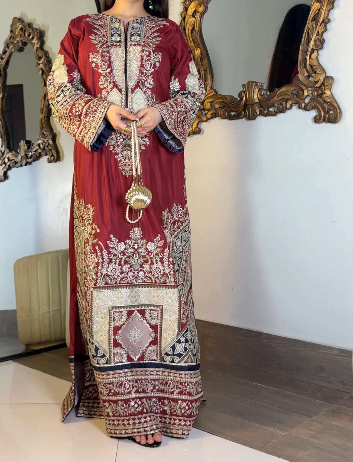 Ruby Noor – Maroon Hand-Embroidered Draped Kaftan | Luxury Festive Wear