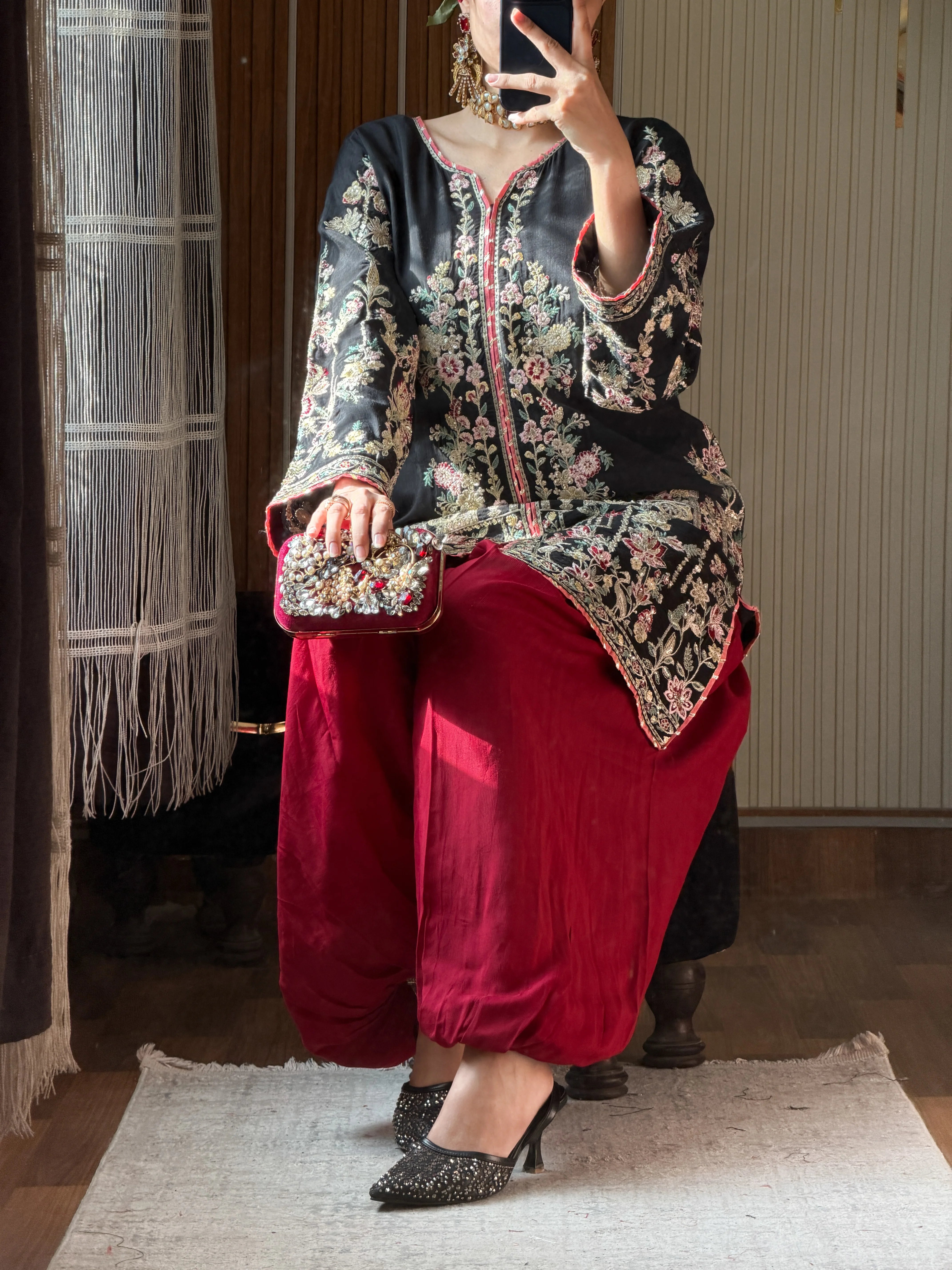 Black Embroidered Silk Kurta with Red Dhoti Pants | 2Pc Designer Party Wear Set