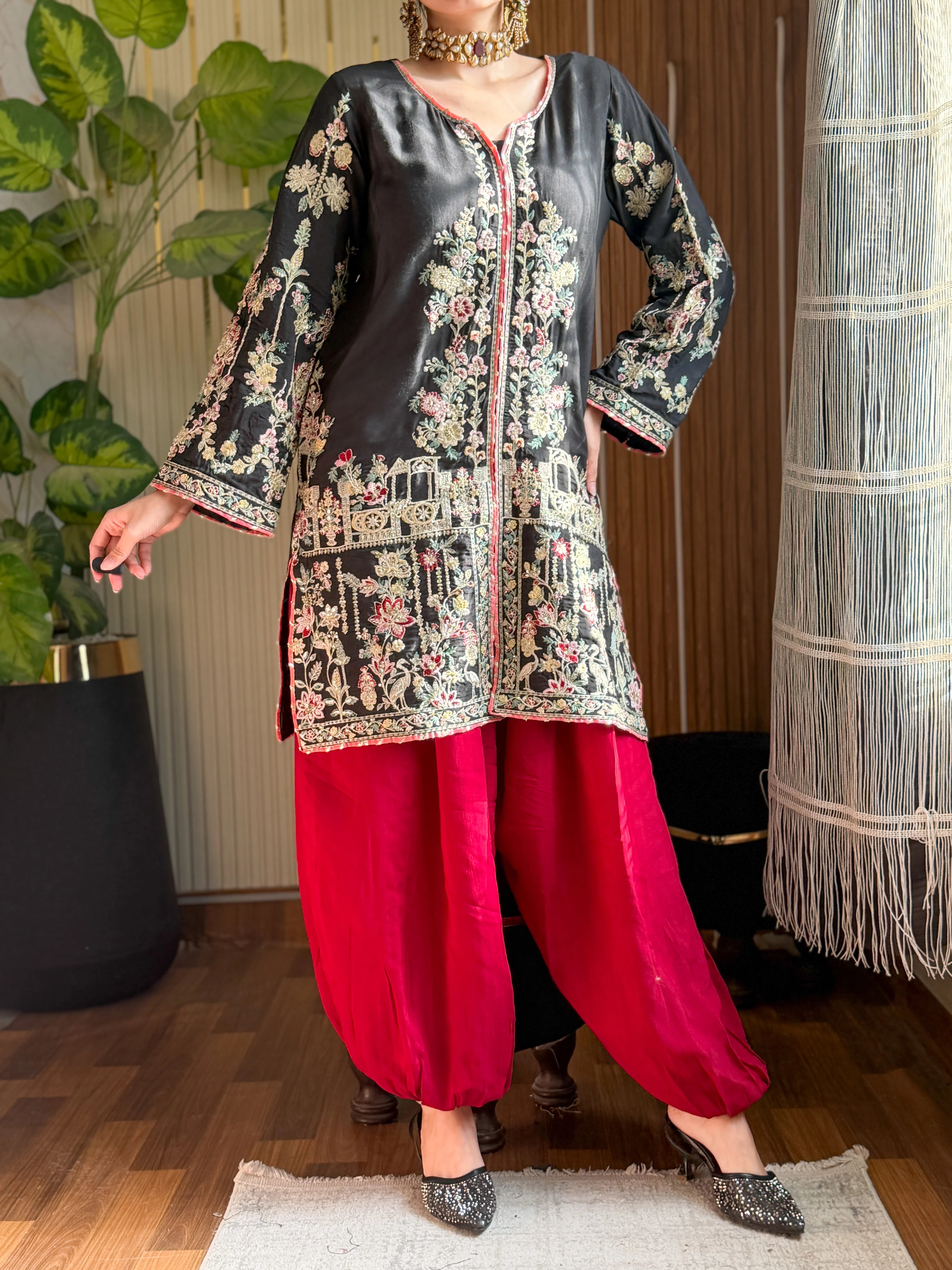 Black Embroidered Silk Kurta with Red Dhoti Pants | 2Pc Designer Party Wear Set