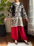 Black Embroidered Silk Kurta with Red Dhoti Pants | 2Pc Designer Party Wear Set