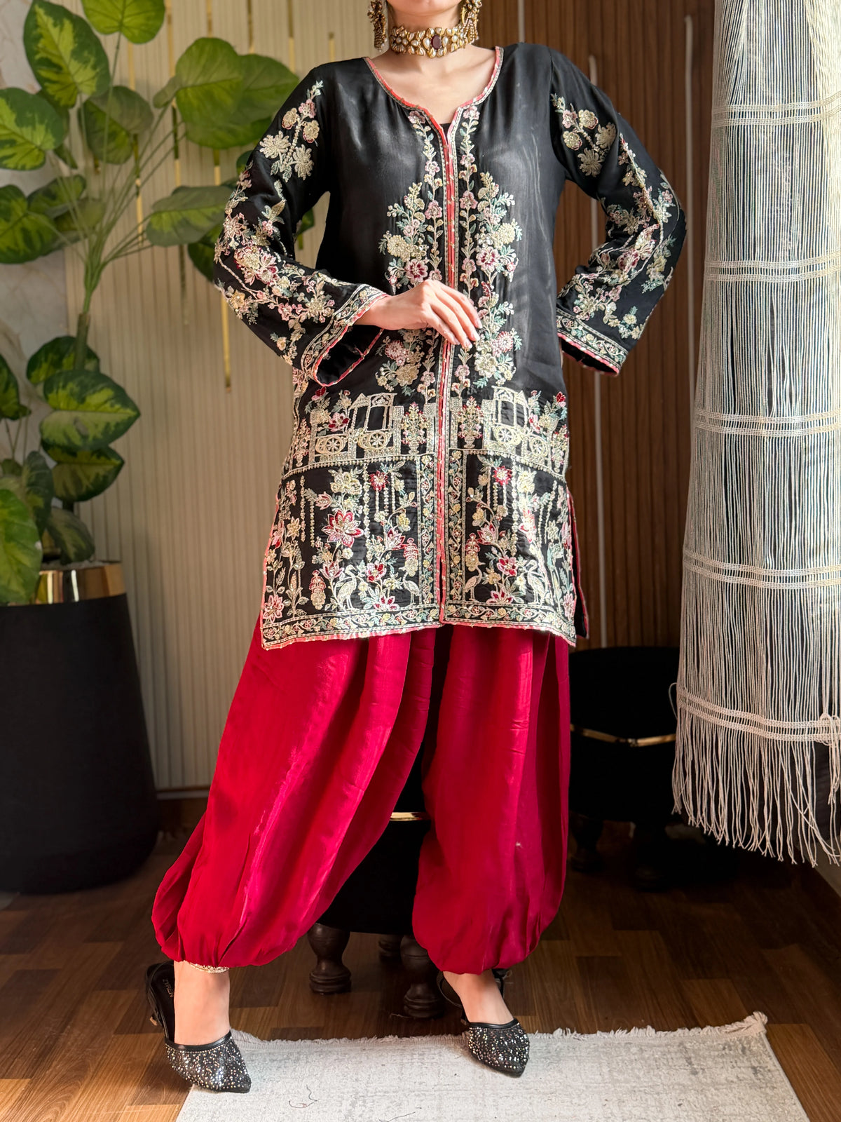 Black Embroidered Silk Kurta with Red Dhoti Pants | 2Pc Designer Party Wear Set